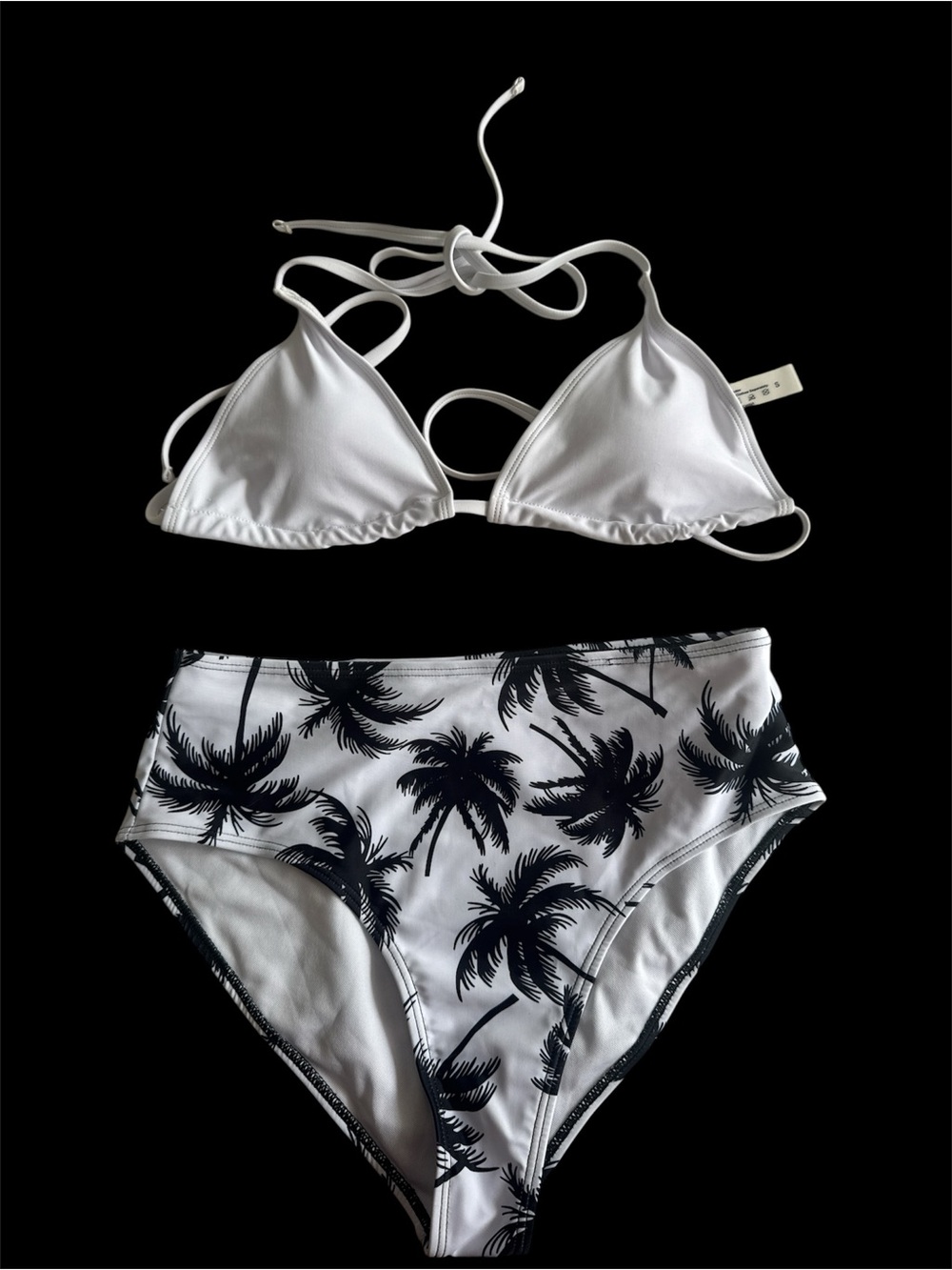 White Triangle Bikini Top size Small & Palm Print High-Waist Bottoms size Medium